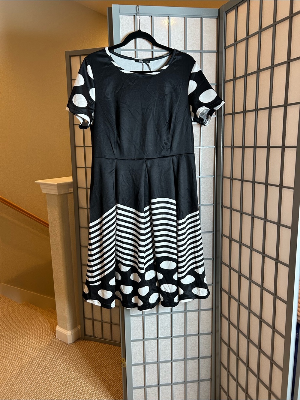 NWT Lily Black & White Polka Dot and Stripe Fit-and-Flare Dress